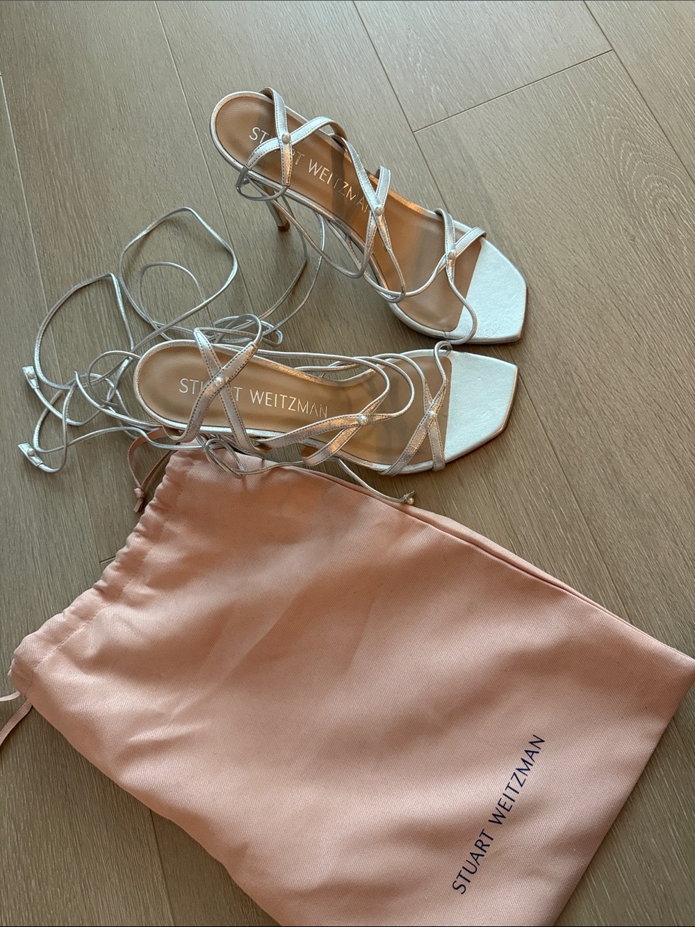 Stuart Weitzman Metallic Silver Lace-Up Strappy Heels